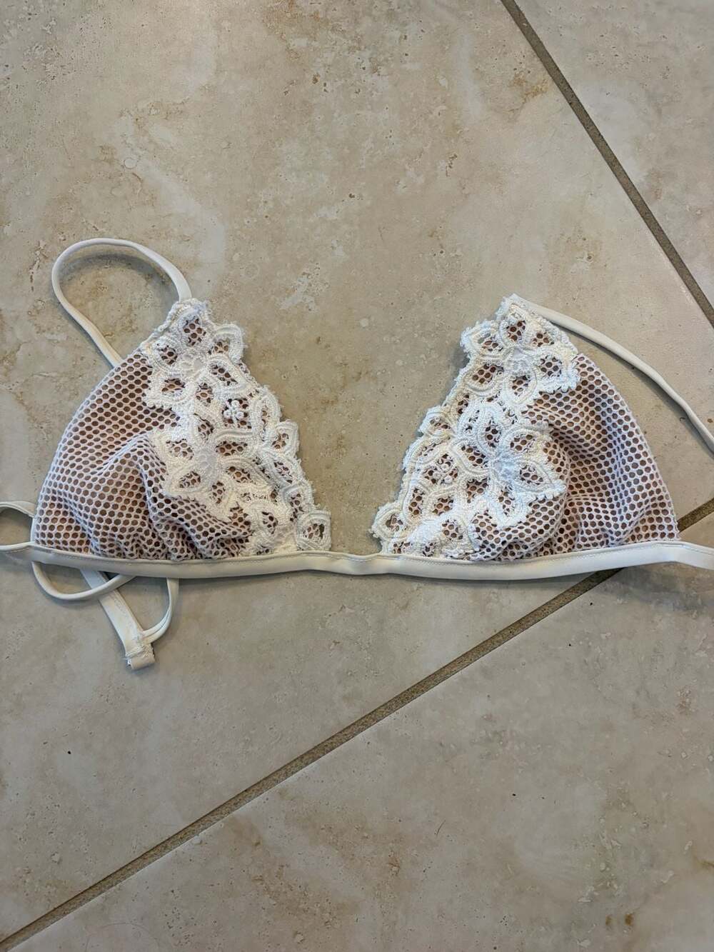 Blue Life White Lace Overlay Triangle Bikini Top